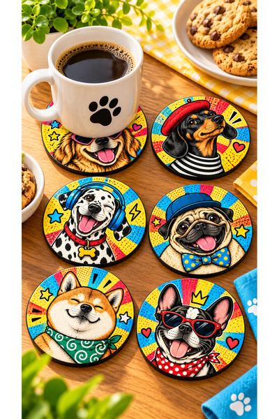 NCPUZZLES Retro Pop Art Dog-Themed Set of 6 Wooden Coasters – 10 Cm, Good Dogs Series