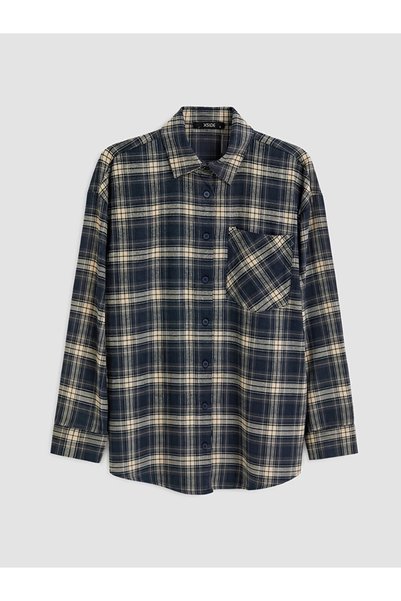 LC Waikiki Navy Blue Plaid Oversized Women's Lumberjack Shirt