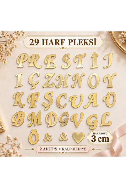 PrestijBM Tüm Alfabe Yapışkanlı Gold Ayna Pleksi Harf Seti 3 CM – 29 Harf + 2...