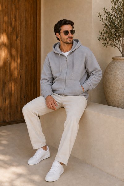 FECCY Hanorac premium unisex, supradimensionat, cu glugă, cu fermoar și buzunare, cu trei fire de țesătură