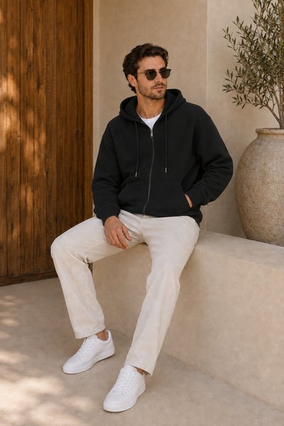 FECCY Premium Unisex Hooded Zippered Pocket Three-Thread Oversize Cardigan Sweatshirt
