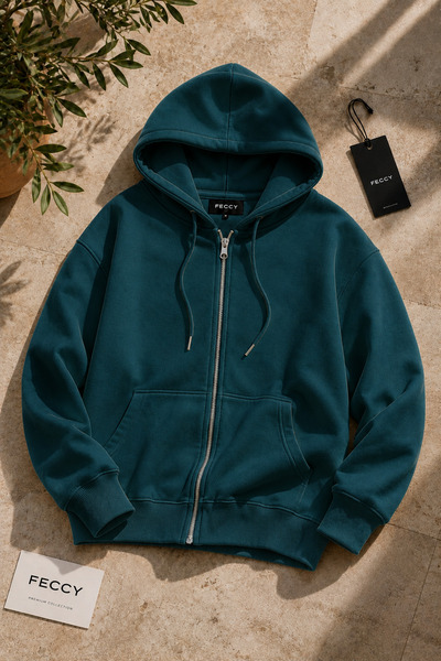 FECCY Premium Unisex Hooded Zippered Pocket Three-Thread Oversize Cardigan Sw...