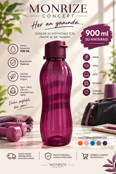 Monrize Concept 900 ML Su Matarası Suluk Su Şişesi Spor Okul Ofis Günlük Kull...