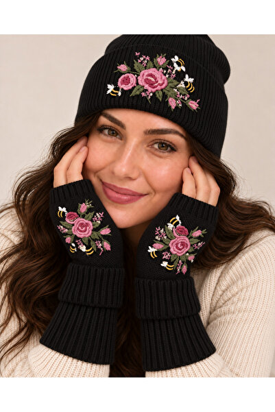 Cherry Butik Nakışlı Yumuşak Dokulu Parmaksız Bere Eldiven Takım