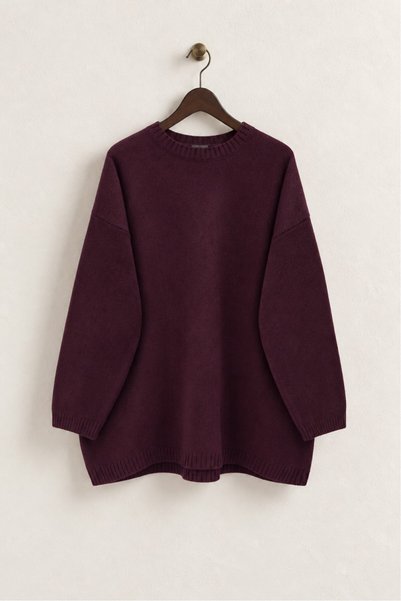 FERHEL Kadın Oversize Yuvarlak Yaka Triko Kazak - Bordo