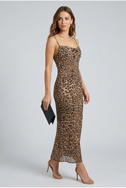nutika Leopard Print Strap Long Dress Square Neck Slitless Evening Party and Event Dress