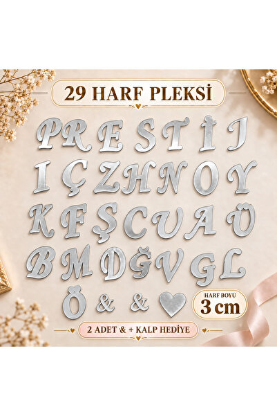 PrestijBM Tüm Alfabe Yapışkanlı Gümüş Ayna Pleksi Harf Seti 3 CM – 29 Harf + ...