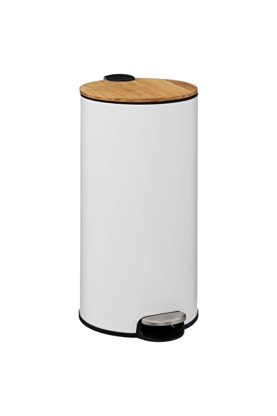 FİVE Coș de gunoi rotund cu capac din bambus 30L, Alb - Culoare modernă