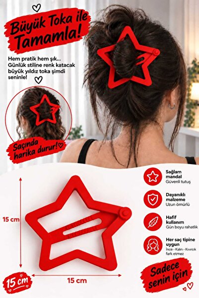 ACT E-COMMERCE Yıldız Desenli Toka – Big Hair Clip 15 Cm (Kırmızı)