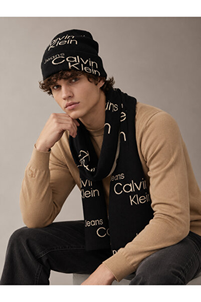 Calvin Klein Unisex Logolu Organik Pamuklu Şapka Bere Aop Beanie Scarf