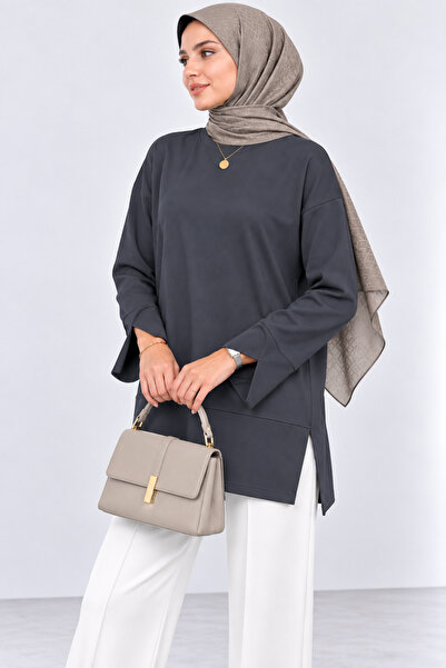 CNRCollection Kadın Füme Modal Kumaş Yırtmaç Detaylı Bisiklet Yaka Oversize T...