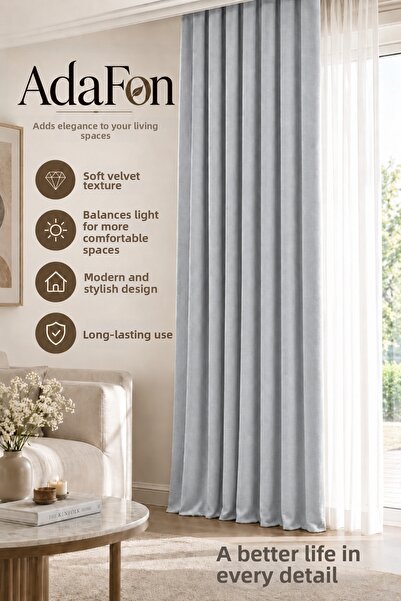 DEVRİM OLİVYA TEKSTİL Gray Adafon Soft Velvet Textured Cornice Stylish Decora...