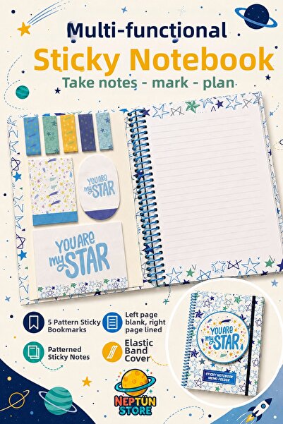 neptünstore Star Patterned Multifunctional Adhesive Notebook A5 – with Post-I...