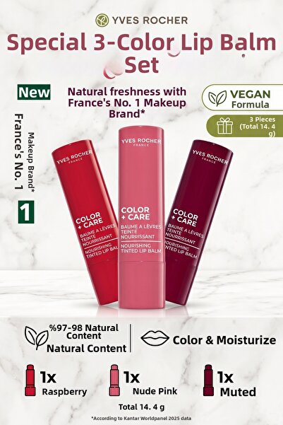 Yves Rocher 3-Piece Cc Moisturizing Colored Lip Balm Set - Raspberry Nude Pin...
