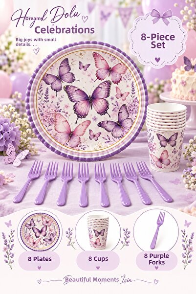 Baloncu Nene Lilac Purple Butterfly Themed Birthday Party Set for 8 People, 2...