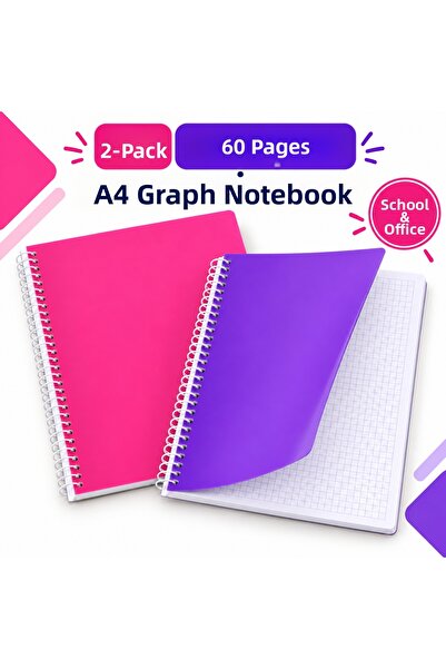 Srctech 2-Pack of 60 Sheets Checkered A4 Spiral School Notebook Set - Mixed C...