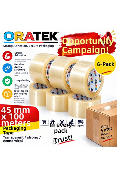 ORATEK 45x100 метра, 6 броя, Прозрачно силно залепващо тиксо за опаковане и и...
