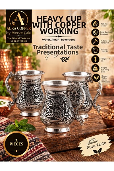 AURA COPPER طقم أكواب نحاسية ثقيلة الوزن مصنوعة يدويًا من 3 قطع سعة 300 مل - ...