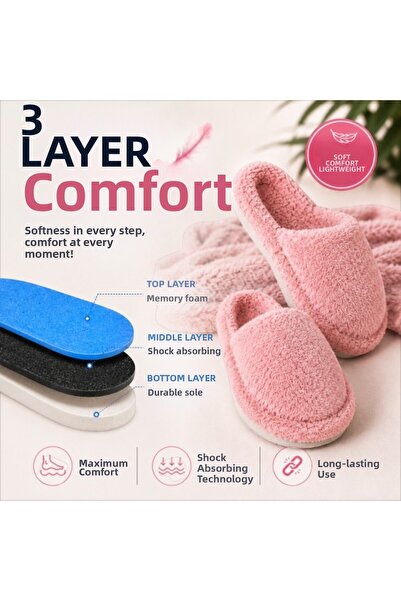 Black Flex Cozy Step 3-Layer Plush Slippers Plain Pink 36-41