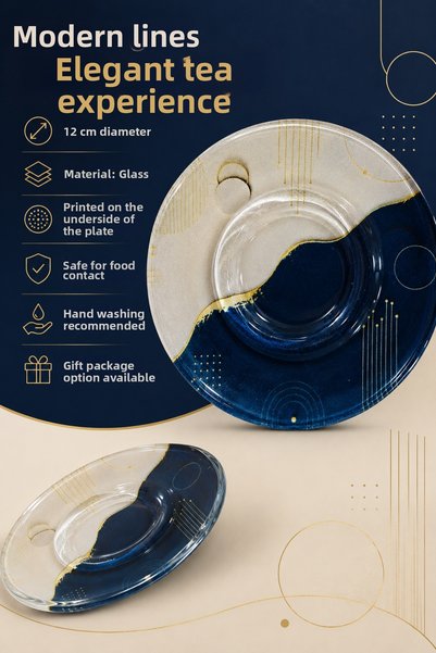 Ahenk Ev&Sofra Set of 6 Glass Tea Plates – Navy Blue Ecru Modern Geometric Patterned 12 cm – 6 Tea Plates