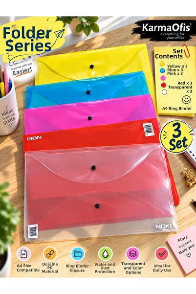 KarmaOfis A4 Snap Fastener File Set – Yellow, Blue, Pink, Red, and Transparen...