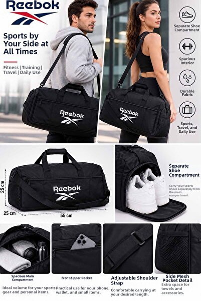 Reebok Черна спортна чанта с отделение за обувки и презрамка за рамо 55X25X25СМ