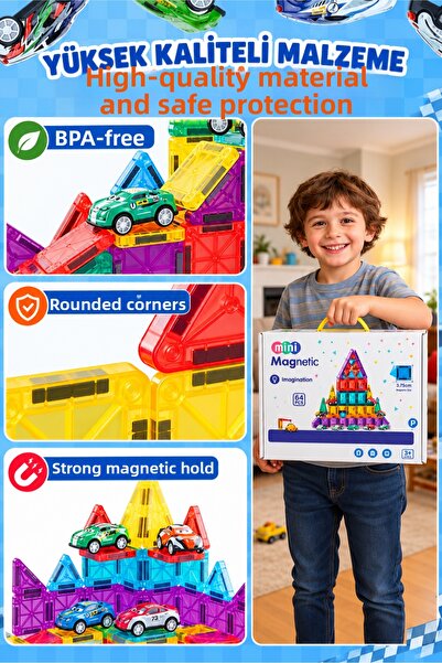 TUENGİ STORE 88 Pieces Magnetic Building Blocks Car Themed Educational Magnetic Construction Toy 3.75 cm