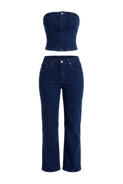 Trendyol Collection Dark Blue Striped Strapless Blouse Jeans Denim Bottom - T...
