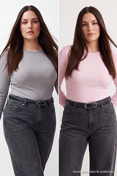 Trendyol Curve Γκρι-ροζ 2-συσκευασία Crop Πλεκτή Μπλούζα Μεγάλου Μεγέθους TBB...