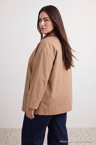 Trendyol Collection Trench bej cu guler, cu detalii din piele artificială, în...