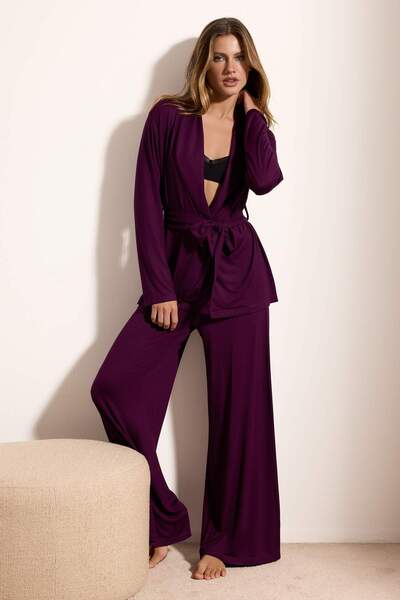 Trendyol Collection Mürdüm Premium Double Breasted Soft Tuşe Viscose Boxed Kn...