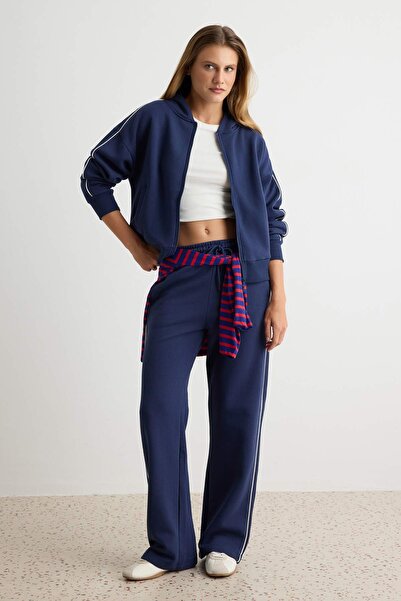 Trendyol Collection Navy Blue Thick Shardonlu Zippered Hooded Oversize/Wide C...
