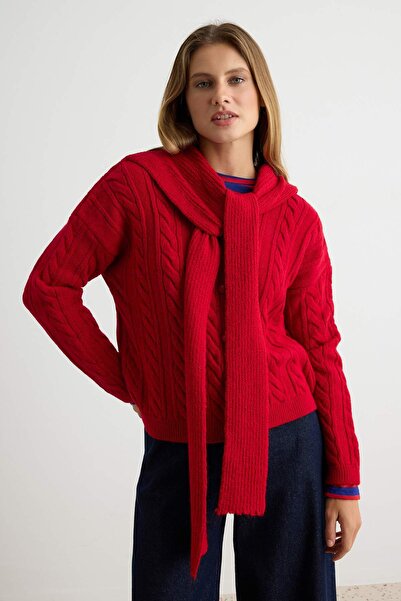 Trendyol Collection Cardigan tricotat cu glugă roșie și detaliu de legare TWO...