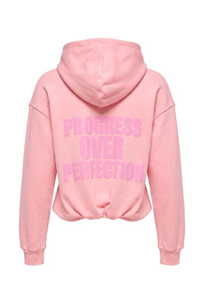 Trendyol Collection Light Pink Slogan Printed Oversize/Wide Cut Hooded Croppe...