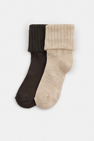 Trendyol Kollektion Anthrazit-Ecru 2-teilige einfarbige Jacquard-Stricksocken...
