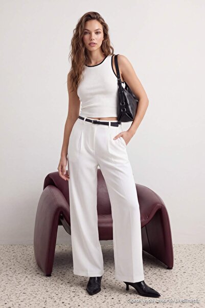 Trendyol Collection White Belted Cotton Woven Trousers Twoss25Pl00024
