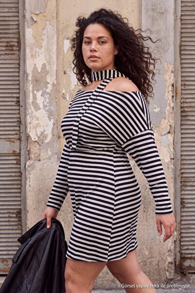 Trendyol Curve Rochie tricotată cu dungi alb-negru, cu decolteu asimetric și ...