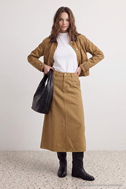 Trendyol Collection Khaki High Waist Flared Maxi Denim Skirt Twoaw27Et00065