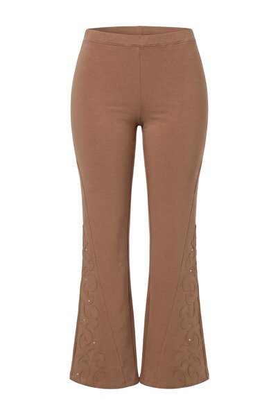 Trendyol Collection Camel Embroidery Detailed Flare/Spanish Leg Knitted Leggi...