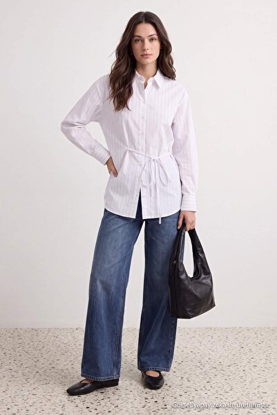 Trendyol Collection White Green Striped Oversize Woven Shirt with Tie Detail ...