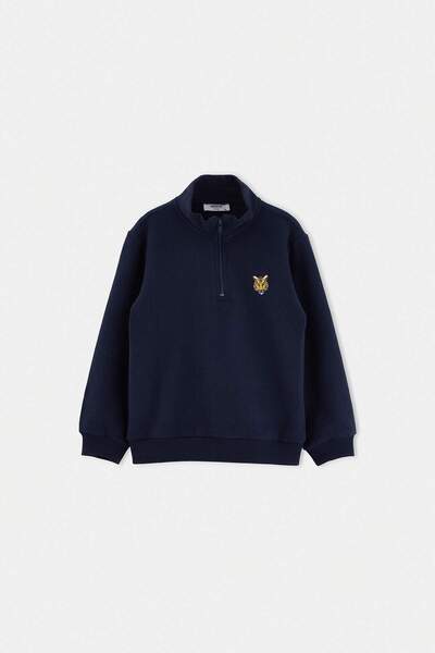 TRENDYOLKIDS Marineblaues, bedrucktes, gestricktes Sweatshirt aus Baumwolle m...