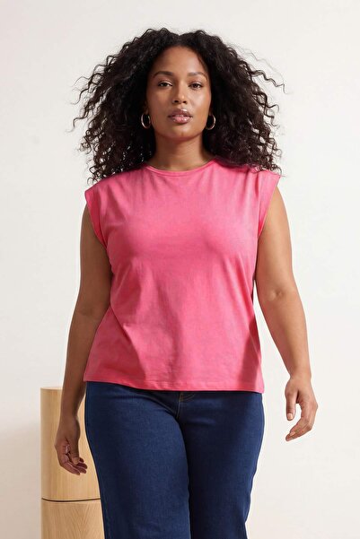 Trendyol Curve Pink 100% Cotton Padded Look Crew Neck Knitted Oversize T-Shir...