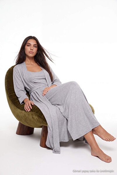 Trendyol Kollektion Grau meliertes 2-teiliges Morgenkleid+Nachthemd aus Visko...