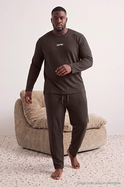 Trendyol Collection Big Size Brown Regular Fit Printed Knitted Pajamas Set Tm...