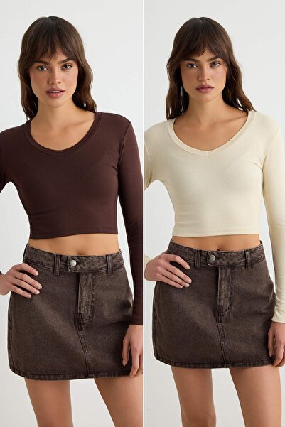Колекция Trendyol Кафяво-каменен комплект от 2 броя супер къси вталени/прилеп...