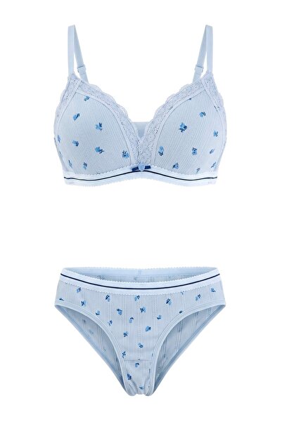 Trendyol Collection Blue Thin Strap 100% Cotton Pointel Floral Covered Linger...