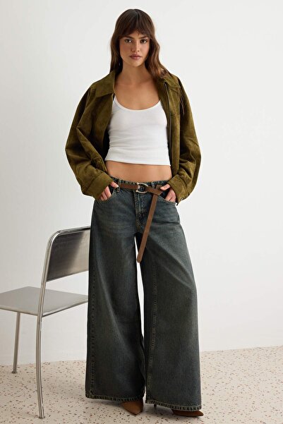Trendyol Collection Dark Blue Vintage Wash High Waist Extra Wide Leg Jeans Tw...