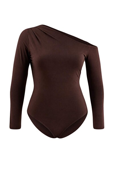 Trendyol Curve Brown Asymmetric Collar Long Sleeve Stretchy Snap Fastener Kni...