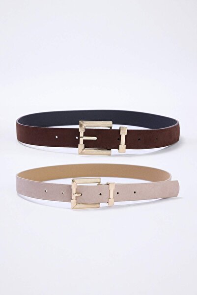 TRENDYOL SHOES Dark Brown/Ecru Double Pack Croco and Plain Leather Look Squar...