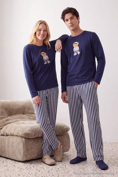 Trendyol Collection Navy Blue Regular Fit Striped Teddy Bear Printed Knitted ...